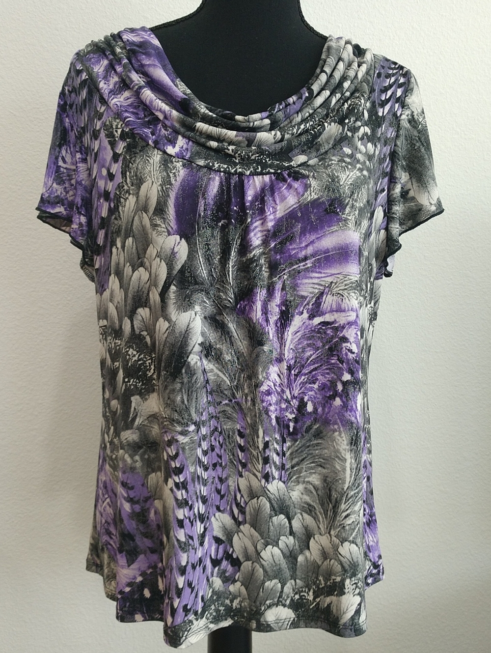 Dress Barn Purple and Gray Feather-Print Short Sleeve Cowl Top